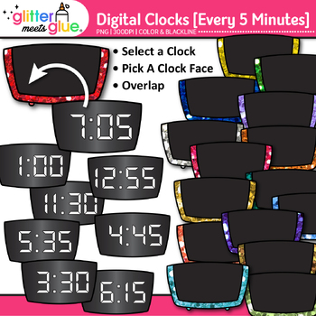 Preview of Digital Clock Clipart Every 5 Minutes: 305 School Analog Time Clip Art PNG B&W