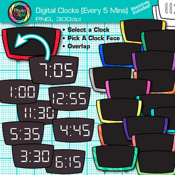 Preview of Digital Clock Clipart Every 5 Minutes: 305 School Analog Time Clip Art PNG B&W
