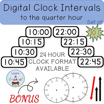 Preview of Digital Clock Intervals to the Quarter Hour Set of 101 (24 Hr Format Available)