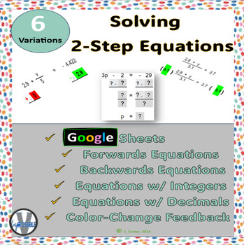 Preview of Digital Color Change Solving 2 Step Equations Integers & Decimals Google Sheets