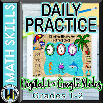 Preview of Digital Daily Math Practice Summer Beach Theme 1st and 2nd