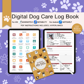Preview of Digital Dog Planner, Dog Care Journal, All-in-One Pet Tracker, Dog Stickers