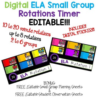 Preview of Digital ELA Small Group Rotation Board w/Timers EDITABLE Bundle w/Bonus Freebie