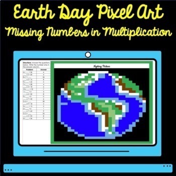 Preview of Digital Earth Day Missing Numbers in Multiplication Pixel Art Mystery Picture