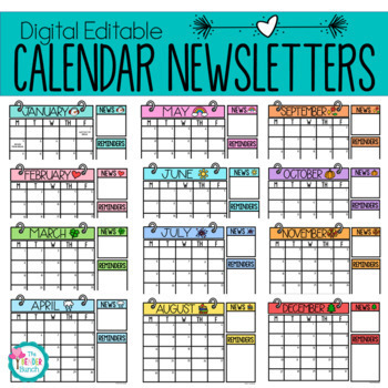 Preview of Monthly Parent Newsletter Templates - Editable - Calendar - Email or Print