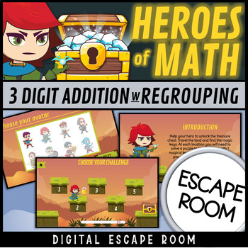Preview of Digital Escape Room 3 Digit Addition with Regrouping Heroes of Math
