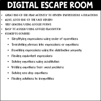 Digital Escape Room 6th Grade Expressions And Equations Distance Learning