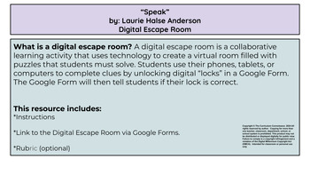 Preview of Digital Escape Room for "Speak" by Laurie Halse Anderson