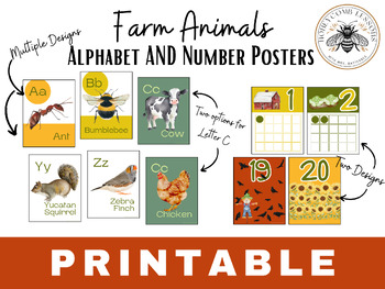 Preview of Digital Farm Animal Alphabet Posters with Numbers 1-20 Bundle