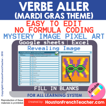 Preview of Digital French MARDI GRAS Pixel Art - ALLER - Irregular Verbs  Mystery Picture