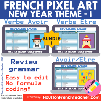 Preview of Digital French Pixel Art NEW YEAR Theme - Verbe AVOIR/ETRE - BUNDLE (3 in 1)