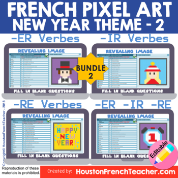 Preview of Digital French Pixel Art NEW YEAR Theme - Verbe ER, IR, RE - BUNDLE (4 in 1)