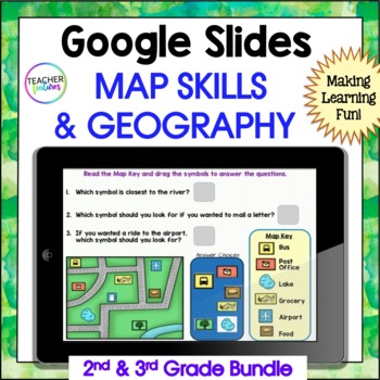Preview of MAP SKILLS US Geography GOOGLE SLIDES & BOOM CARDS 2nd & 3rd Grade Bundle