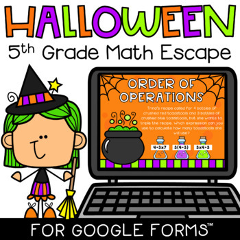 Preview of Digital Halloween Escape Room Game 5th Grade Math Review for Google Forms™