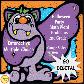 Preview of Digital Halloween Math Word Problem Task Card Game for 2nd Grade: Google Slides