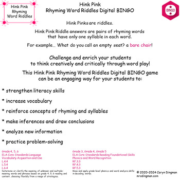 Preview of Hink Pink Rhyming Word Riddles Digital BINGO with Google Slide BINGO Boards