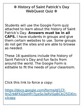 Preview of Digital History of St. Patrick’s Day WebQuest Google Form Quiz Activity