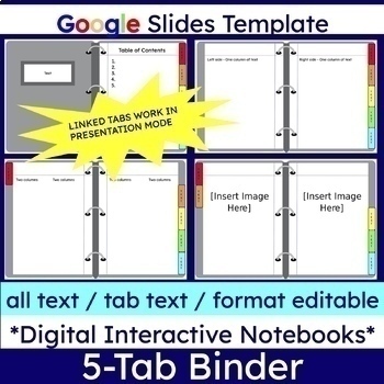 Preview of Digital Interactive Notebook 5-Tab Binder Google Slide Template | Commercial Use