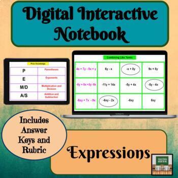 Preview of Digital Interactive Notebook Expressions Distance Learning 7th Grade Math