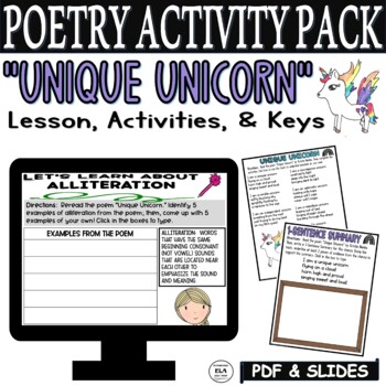 Preview of Digital Kid Poetry Activities Worksheets Poems about Unicorns Middle School