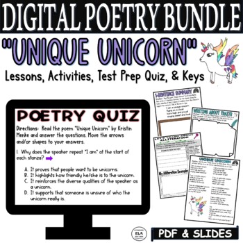 Preview of Digital Kid Poetry Activities Worksheets Quiz Middle School Poems about Unicorns