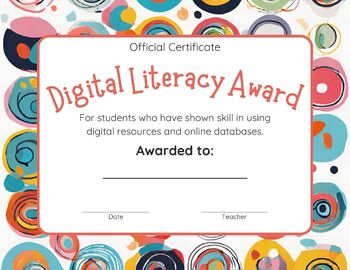 Preview of Digital Literacy Award Certificate - digital resources, online database skills