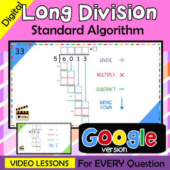 Preview of Digital Long Division for Google Slides TEMPLATE questions + VIDEO lessons