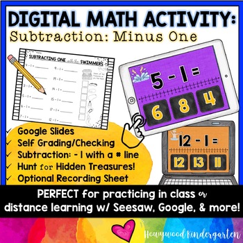 Preview of Digital Math Resource SUBTRACTION MINUS ONE w/ number line . Self checking. FUN!