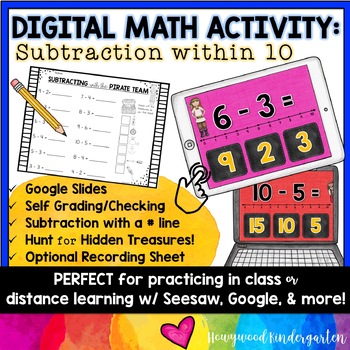 Preview of Digital Resource : Math SUBTRACTION w/in 10 with a number line . Self Checking! 