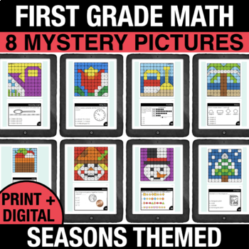 Preview of Digital Math Centers 1st Grade Math Mystery Pictures Telling Time, Basic Shapes