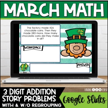 Preview of Digital Math Centers | Addition Word Problems with & without Regrouping | MARCH