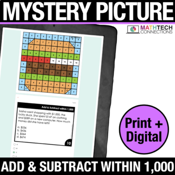 Preview of FREE Digital Math Coloring 2nd Grade Add & Subtract within 1,000 | Color by Code