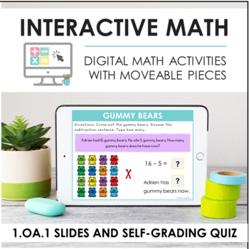 Preview of Digital Math for 1.OA.1 - Word Problems Within 20 (Slides + Self-Grading Quiz)