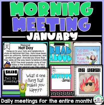 Preview of Digital Morning Meeting Slides January Holiday, Share, Read Aloud & Games
