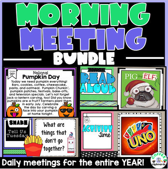 Preview of Digital Morning Meeting Slides Bundle: Holidays, Share, Read Aloud & Activities