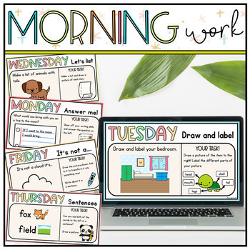 Preview of Digital Morning Work First Grade - Morning Bell Work Slides & Daily Prompts ELA