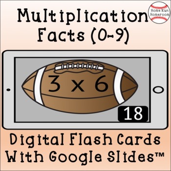 Preview of Football Multiplication Facts Google Classroom™ Digital Flash Cards (0-9)
