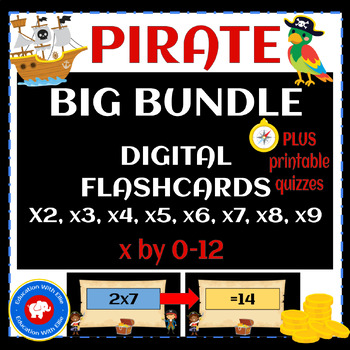 Preview of Digital Multiplication Fact Flashcards BUNDLE- pirate themed- x2-x9 (by 0-12)