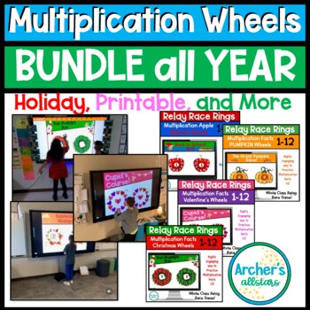 Preview of Digital Multiplication Math Wheels Rings Relay Race Bundle All Year