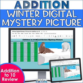 Preview of Digital Mystery Picture for Addition to 10 | Winter Addition Facts Snow Day Math