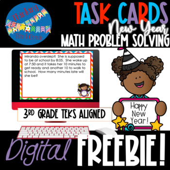 Preview of Digital New Year's Math Task Cards | Math Centers, Early Finisher | FREEBIE