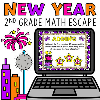 Preview of Digital New Years 2024 Escape Room Activity 2nd Grade Math Review Google Forms™