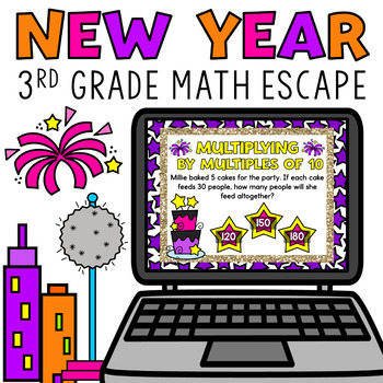 Preview of Digital New Years 2024 Escape Room Activity 3rd Grade Math Review Google Forms™