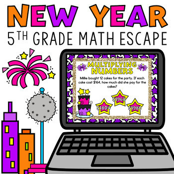 Preview of Digital New Years 2024 Escape Room Activity 5th Grade Math Review Google Forms™