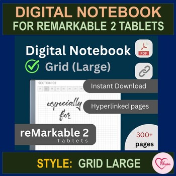 Preview of Large Grid, Digital Notebooks for reMarkable 2 Tablets, Hyperlinked PDF