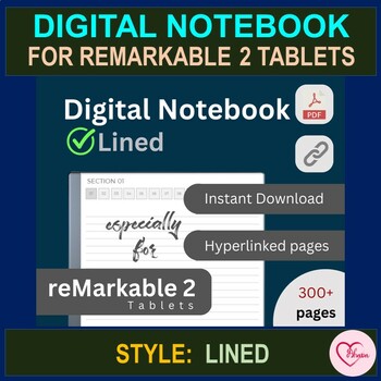Preview of Lined, Digital Notebooks for reMarkable 2 Tablets, Hyperlinked PDF