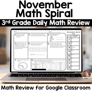Preview of Digital November Math Spiral Review for Google Classroom: Daily Math 3rd Grade