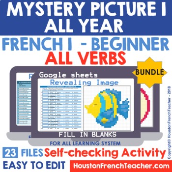 Preview of FRENCH BEGINNER VERBS + GRAMMAR CONCEPTS ALL YEAR (FRENCH 1) (23 Pixel Arts)
