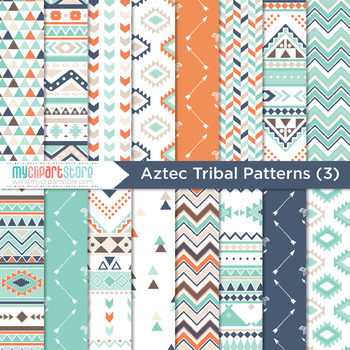 Preview of Digital Paper - Tribal Patterns (3) Aztec / Native American Indian (blue orange)