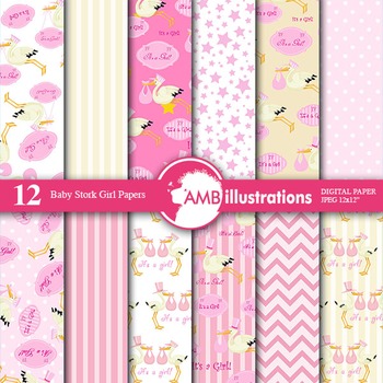 Preview of Digital Papers - Girl baby Shower, Stork, digital paper and background - AMB-861